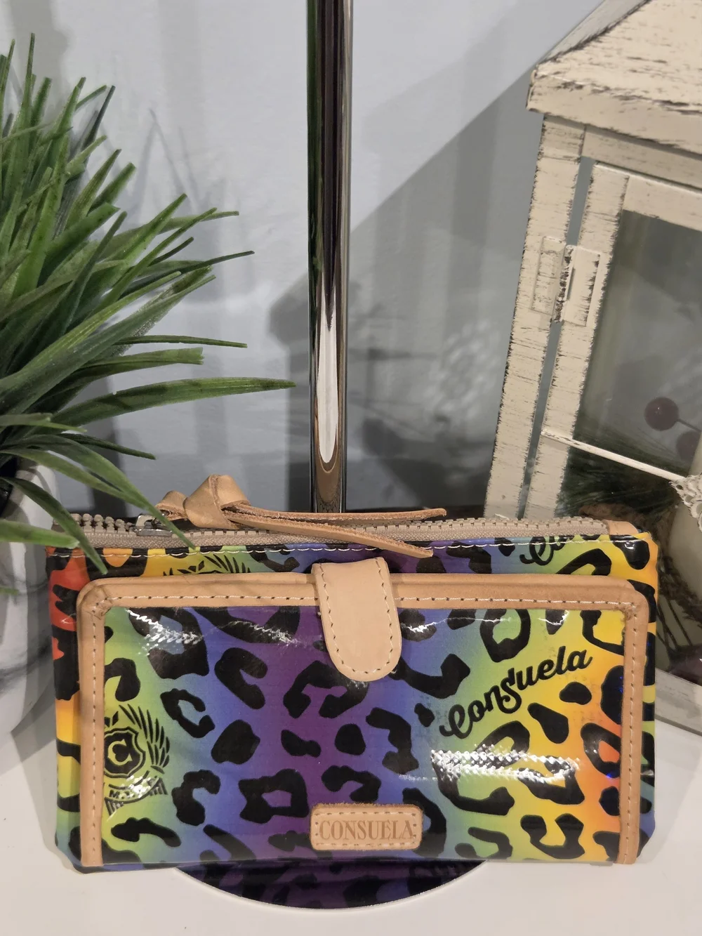 Consuela Semi Slim Wallet Rainbow Leopard Glossy Clutch Purse